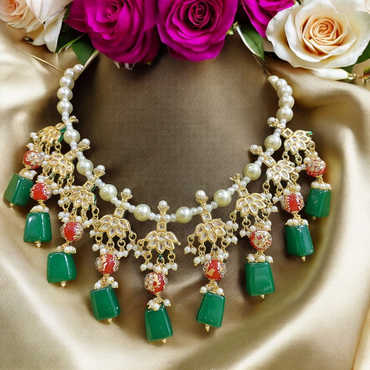MEENAKARI LOTUS KUNDAN PEARL CHOKER NECKLACE