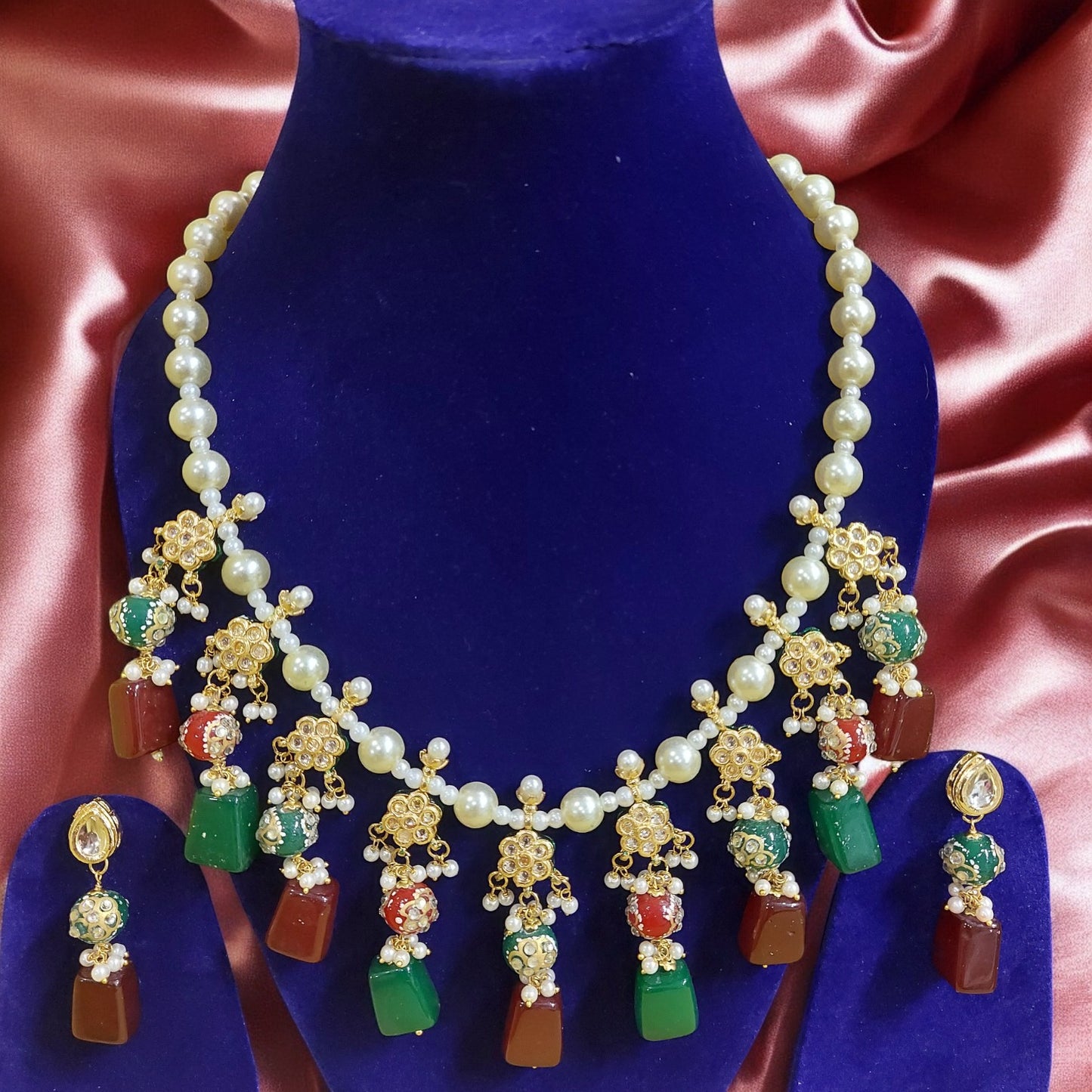 MEENAKARI LOTUS KUNDAN PEARL CHOKER NECKLACE