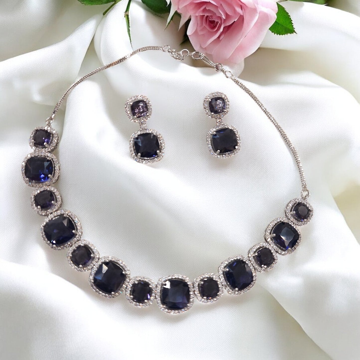 MIDNIGHT CUBIC ZIRCONIA STUDDED NECKLACE SET