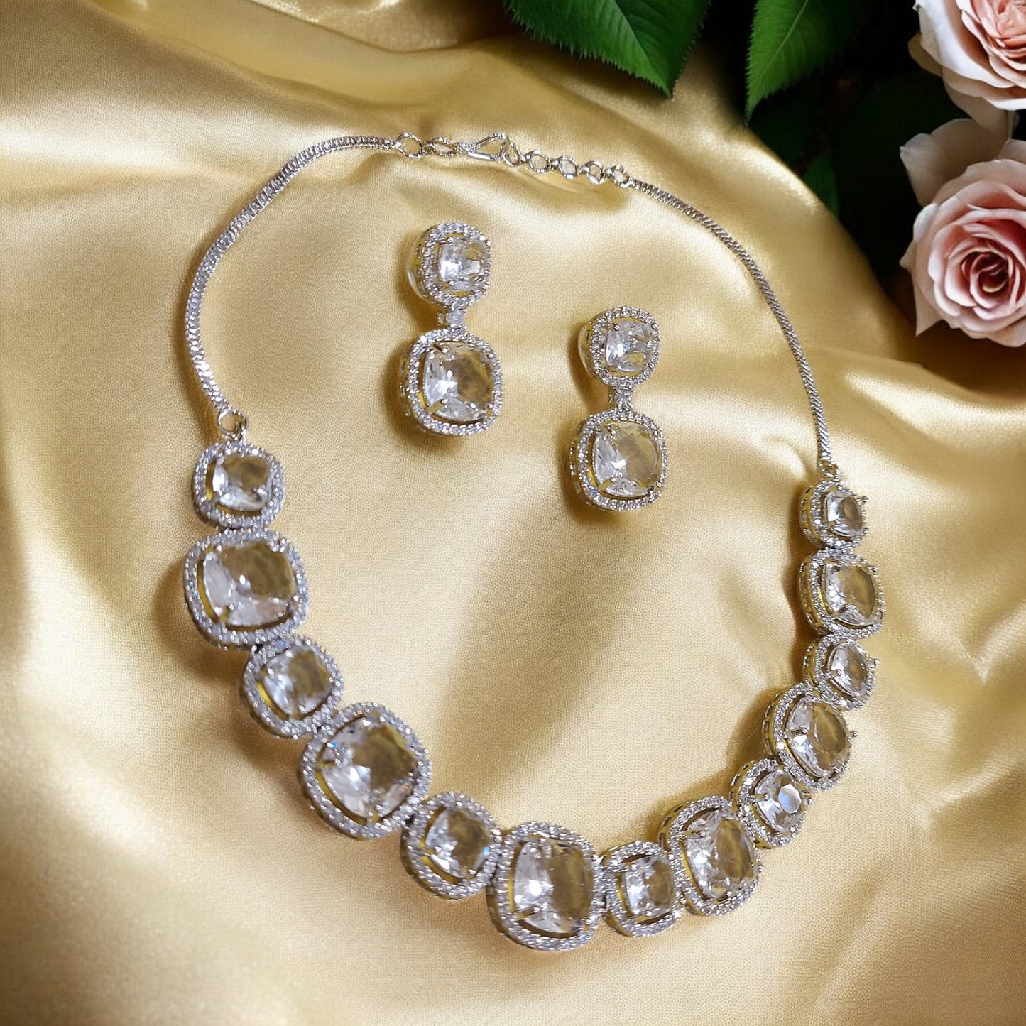 SILVER PLATED CUBIC ZIRCONIA STUDDED NECKLACE SET