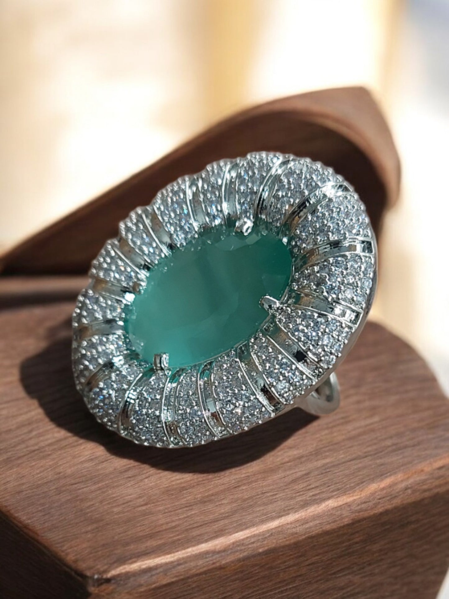 ELEGANT MINT GREEN AMERICAN DIAMOND RING