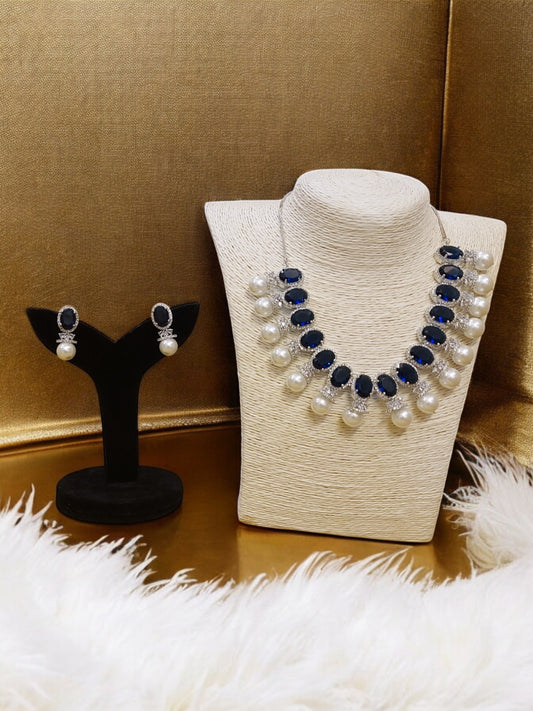 BLUE AMERICAN DIAMOND PEARL STUDDED NECKLACE