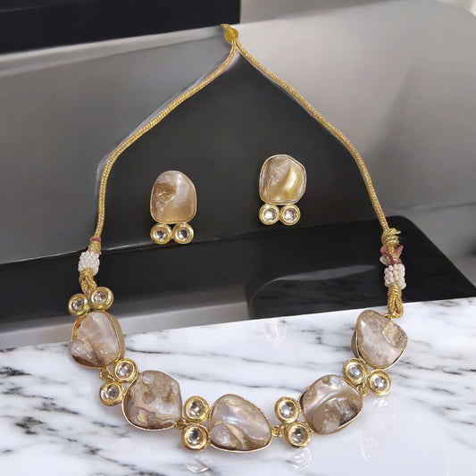 GOLD PLATED MOTHER OF PEARL KUNDAN HASLI