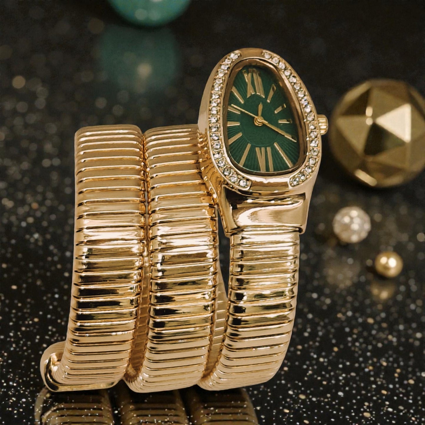 Luxurious Serpentine Green Dial Gold Coil Watch