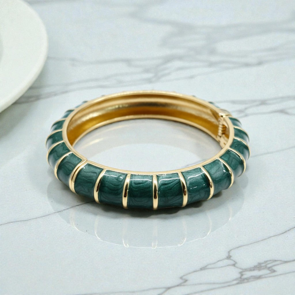 Bamboo Hinged Green Enamel Bangle